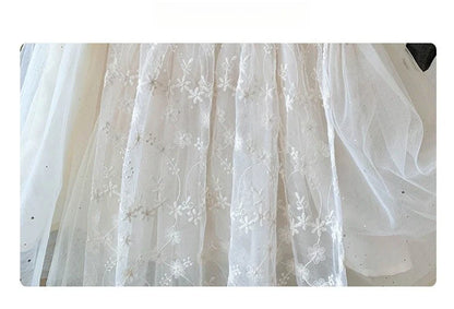 Kid Girl White Short Sleeve Dress Delicate Floral Embroidery Puff Mesh Sleeves and Tulle Overlay Skirt for Children Casual Wear
