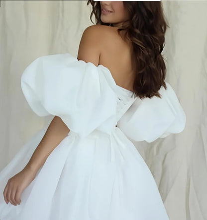 Vestidos de baile de cetim e tule ombro a ombro para festa, vestido de baile curto de coração, vestido de baile com mangas bufantes em linha A
