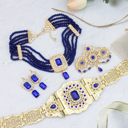 Chic Moroccan Bridal Jewelry Women Caftan Belt Waist Chain Bead Choker Necklace Crystal Earring Brooch Pin Gold Color