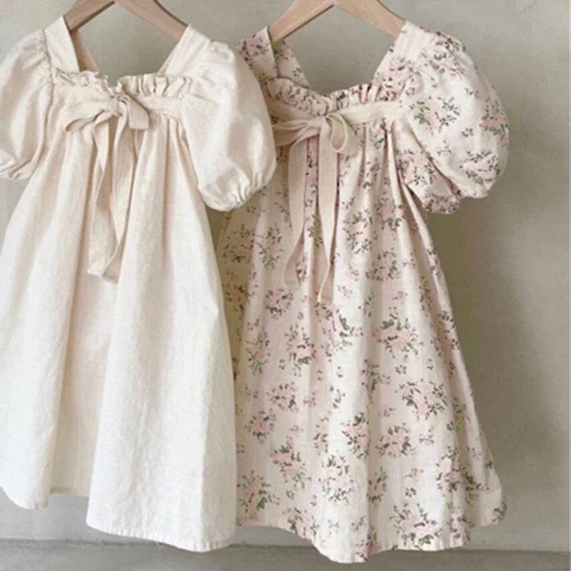 Summer Kids Girl Dress Children Bubble Sleeve Bow Floral Party Dress Outwear