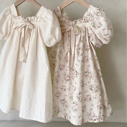 Summer Kids Girl Dress Children Bubble Sleeve Bow Floral Party Dress Outwear