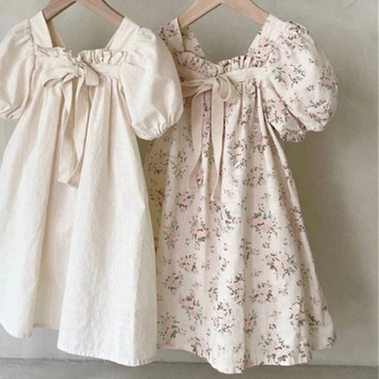 Summer Kids Girl Dress Children Bubble Sleeve Bow Floral Party Dress Outwear
