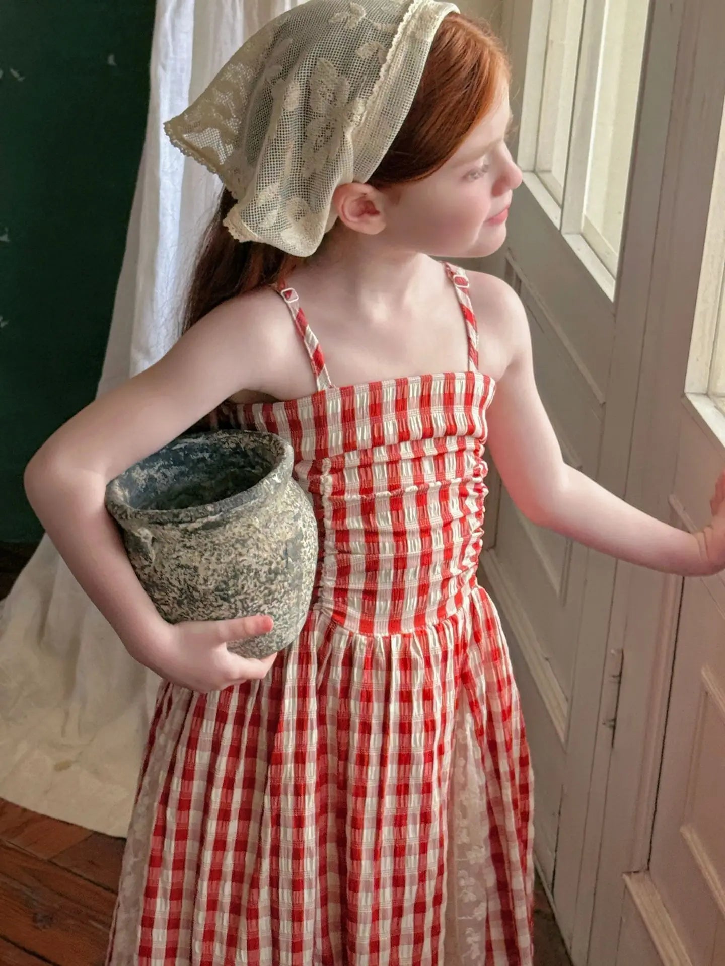 2025 Summer New Children Fairy Long Dress for Girls French Red Checkered Lace Splicing Lace Strap Dress
