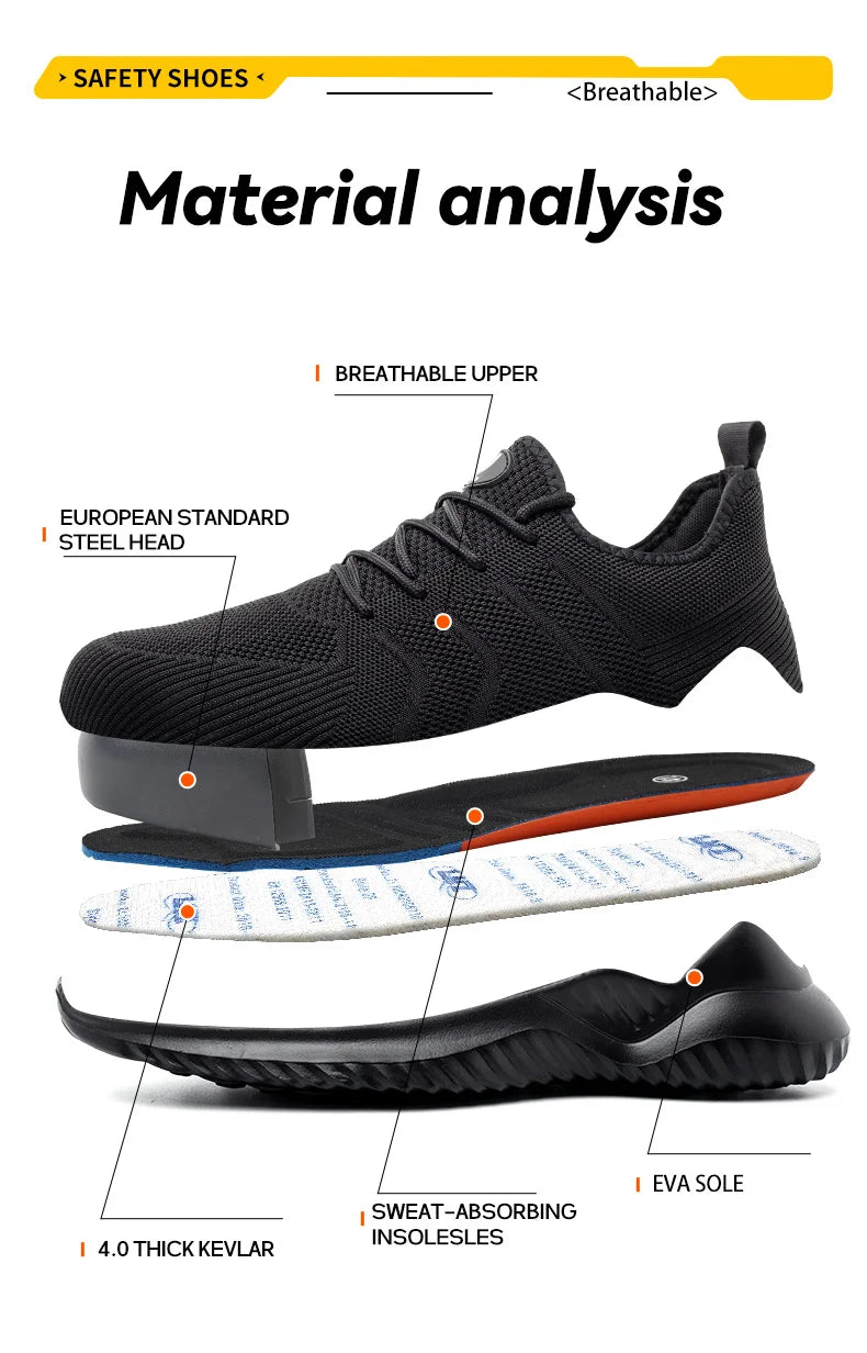 Men‘s Safety Shoes with Steel Toe Puncture Proof Anti-smash Work Sneakers Lightweight Breathable Black Sneakers for Construction