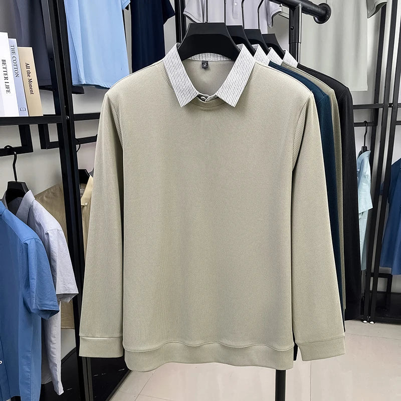 High End Brand Men's Striped Lapel Fake Two Piece Polo Shirt Designer Autumn Winter Fashion Business Simple Versatile Men's Wear