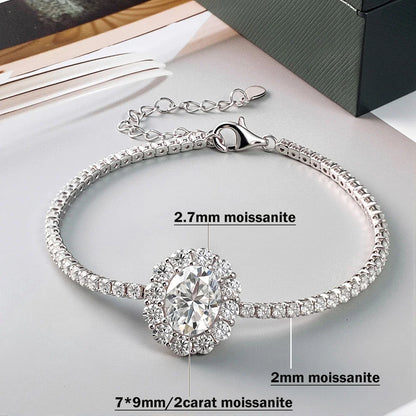 2mm Full Moissanite Tennis Bracelet With 2carat Halo Oval Cut Diamond Pendant Wrist Chain S925 Silver Fine Jewelry For Women
