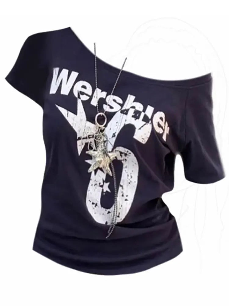 Summer Y2k Sport Off shoulder Top Women Sexy Vintage 2000s Short sleeve T shirt  Lady Body Basic Crop Top Female Casual