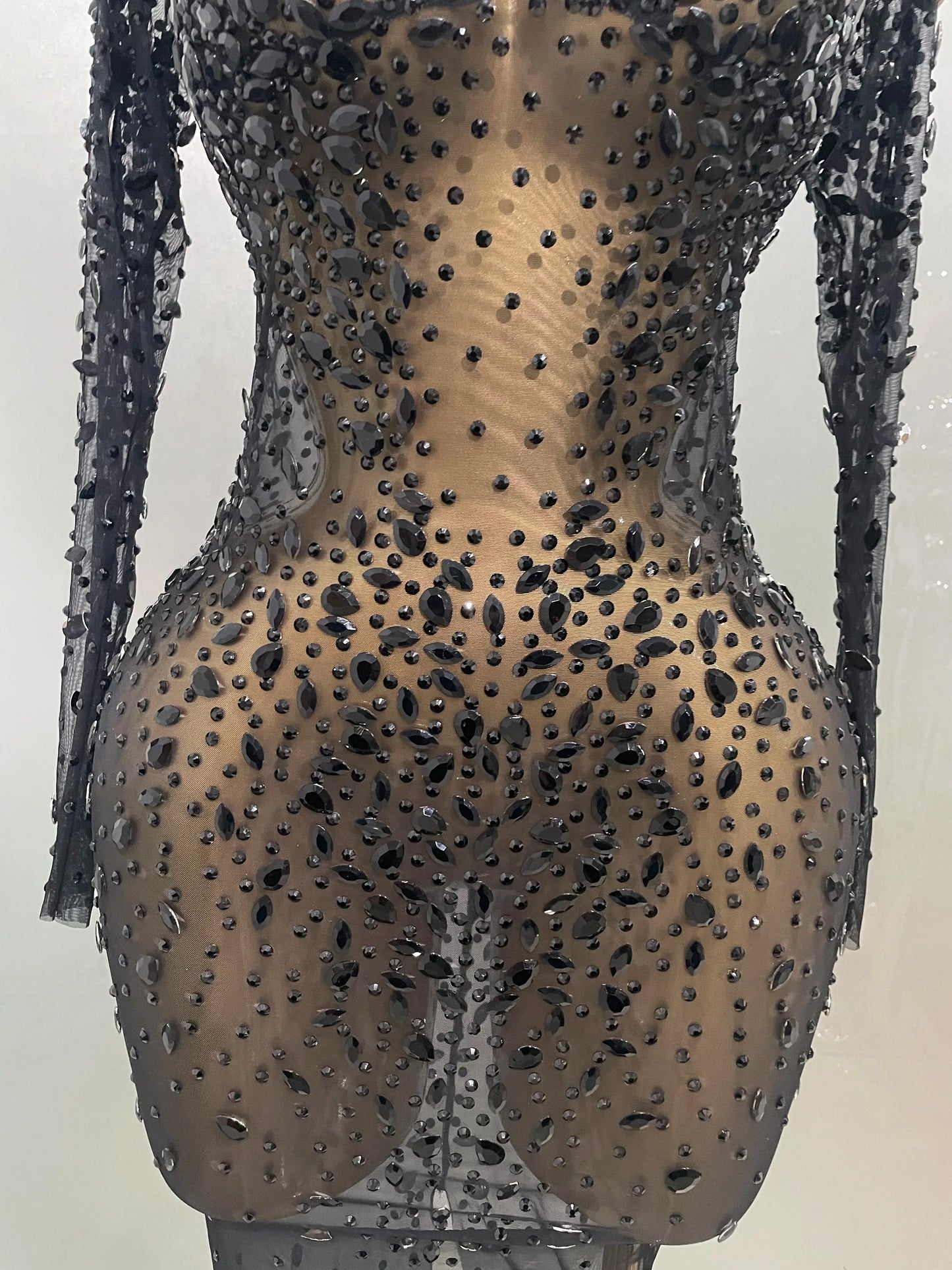 Shinny Rhinestone Stretch Mesh Transparent Long Dress 2025New Women Evening Birthday Party Prom Nightclub Singer Stage Wear