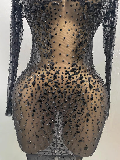 Shinny Rhinestone Stretch Mesh Transparent Long Dress 2025New Women Evening Birthday Party Prom Nightclub Singer Stage Wear