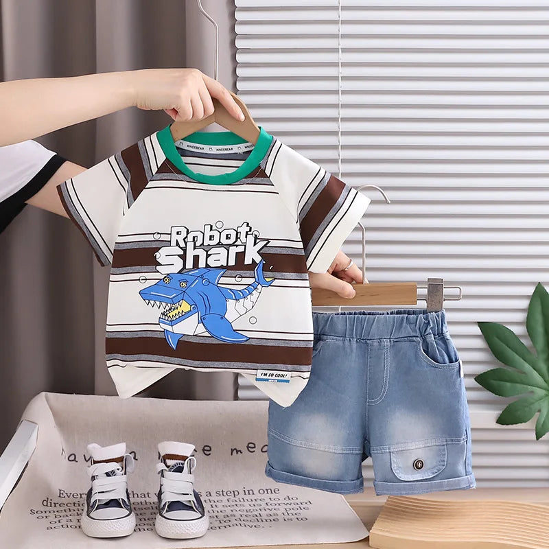 2026 Adorable Children Clothing Outfit Kids Boys Sets Summer 1-5Y Baby Boys Cotton Striped Shark Print T-Shirt and Denim Shorts