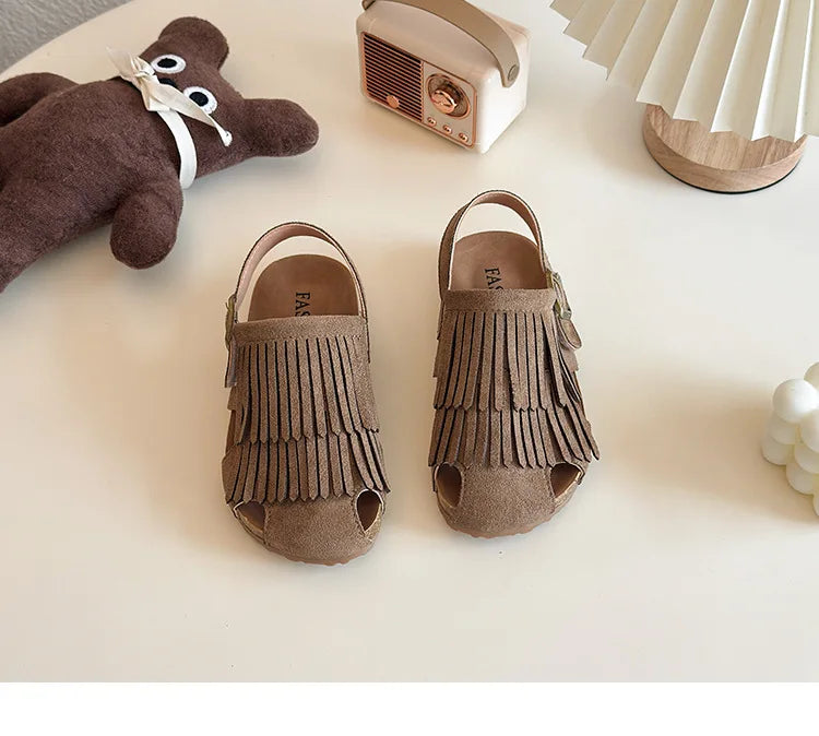Summer Peep Toe Tassel Children Shoes Girls Sandals Soft Bottom Flat Heel Buckle Girl's Shoes Back Strape Slingbacks Shoe I05285