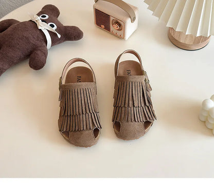 Summer Peep Toe Tassel Children Shoes Girls Sandals Soft Bottom Flat Heel Buckle Girl's Shoes Back Strape Slingbacks Shoe I05285