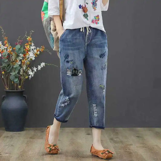 Womens Vintage Floral Loose Denim Pants 2025 Spring Chinese Style Casual Ripped Blue Jeans Holes Elastic Harem Trousers