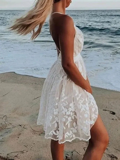 V Neck White Dress for Women Beach Lace Sling 2024 Summer Elegant Embroidery Dress Backless Casual Sleeveless Sexy Dress 21800