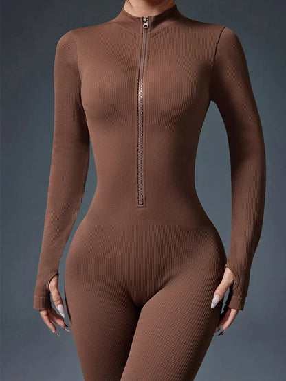 Half Zip Jumpsuit Women Gym Bodysuit Long Sleeve Activewear Set Running Workout Romper Fitness Overalls Sportswear Yoga Clothes