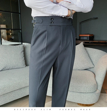 Men British Style Suits Pants New Male Solid High Waist Trousers High Quality Men Formal Slim Fit Business Casual Suit Pants