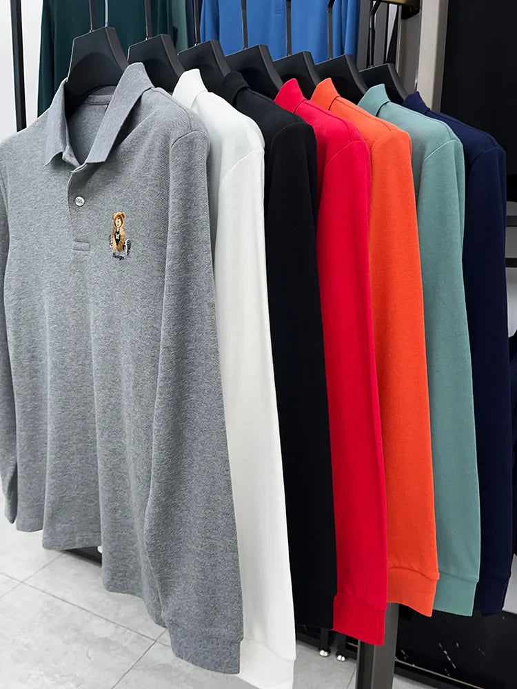 100% Cotton Luxury Quality Men's Polo Shirt Autumn Bear Exquisite Embroidery Long Sleeve T-shirt Trend Fashion Golf Menswear Top