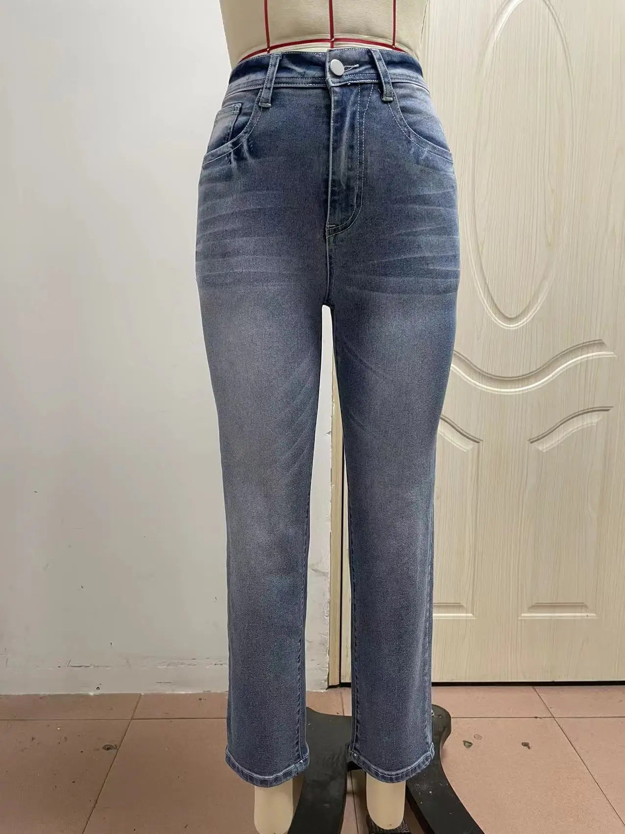 Women High Waist Vintage Stretch Denim Pencil Pants