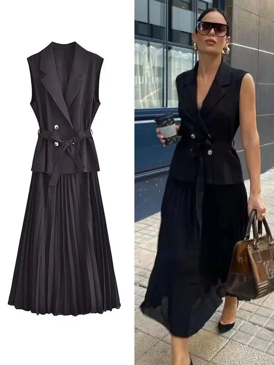Dress Women Pleated Vests Long Dresses for Women 2024 Sleeveless Office Party Dress Ruched Midi Evening Dresses