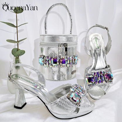Fashionable New Gold Open Toe Women's Sandals with Matching Bucket Bag Set Perfect for Weddings and Parties
