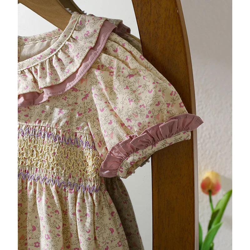1-6Yrs Casual Summer Kids Girls Dress Floral Kids Clothes Ruffled Collar Purple Baby Girl Princess Dress New Flower Girl Dresses