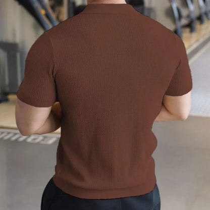 Men's Knitted Business Polo Shirt Summer Ice Silk Breathable Elastic Slim Fit Solid Color Lapel Short Sleeve Knitted T-Shirt Top