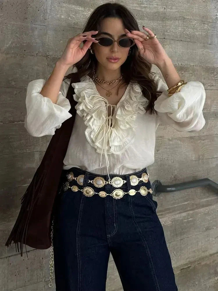 Elegant Women's Retro V-neck Ruffle Trim Long Sleeve Shirt 2025 Summer Casual Top Women's Fashion Translucent Thin Shirt