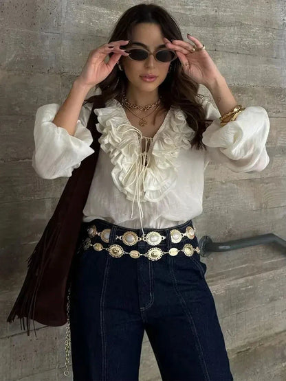 Elegant Women's Retro V-neck Ruffle Trim Long Sleeve Shirt 2025 Summer Casual Top Women's Fashion Translucent Thin Shirt