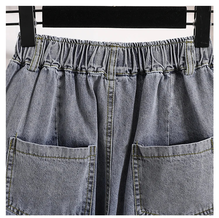Plus Size Shorts For Women 2024 Summer New Arrivals High Elastic Waist Crimping Wide Leg Loose Streetwear Blue Jeans Shorts