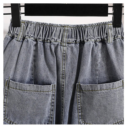 Plus Size Shorts For Women 2024 Summer New Arrivals High Elastic Waist Crimping Wide Leg Loose Streetwear Blue Jeans Shorts