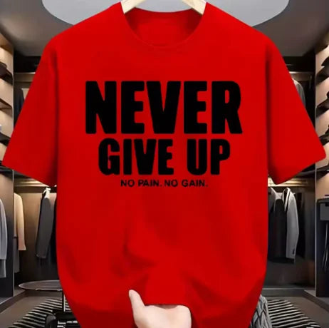 Men's Pure Cotton Fashionable Casual Loose  Sports Never Give Up Letter  Pattern Printed Round  Neck Short Sleeved  T-shirt Top.