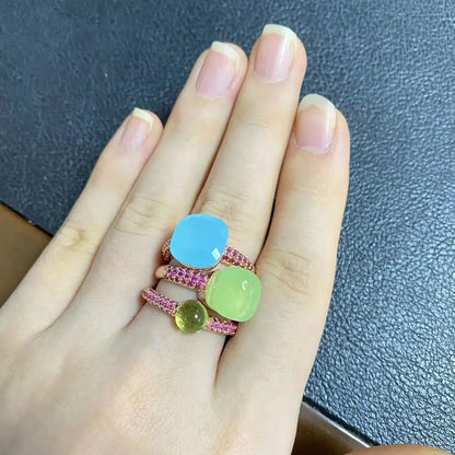 Conjunto de 3 anéis empilháveis ​​Nudo para mulheres, conjunto com cores mistas, cristais tipo bala incrustados, zircônia, ametista, topázio azul, joia redonda, presente