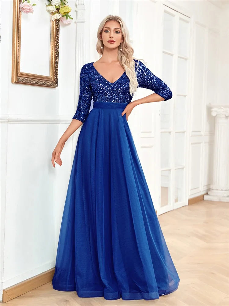 Luxury Floor Length V-Neck Evening Dress 2025 Women Elegant Party Maxi Dress Sequin Short Sleeves Prom Cocktail Gown