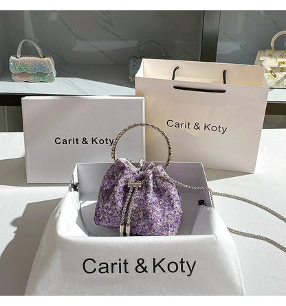 Luxury Designer Purple Stones Evening Clutch Bag Wedding Party Bucket Purse Metal Handle Women's Handbag Shoulder Messenger Bag
