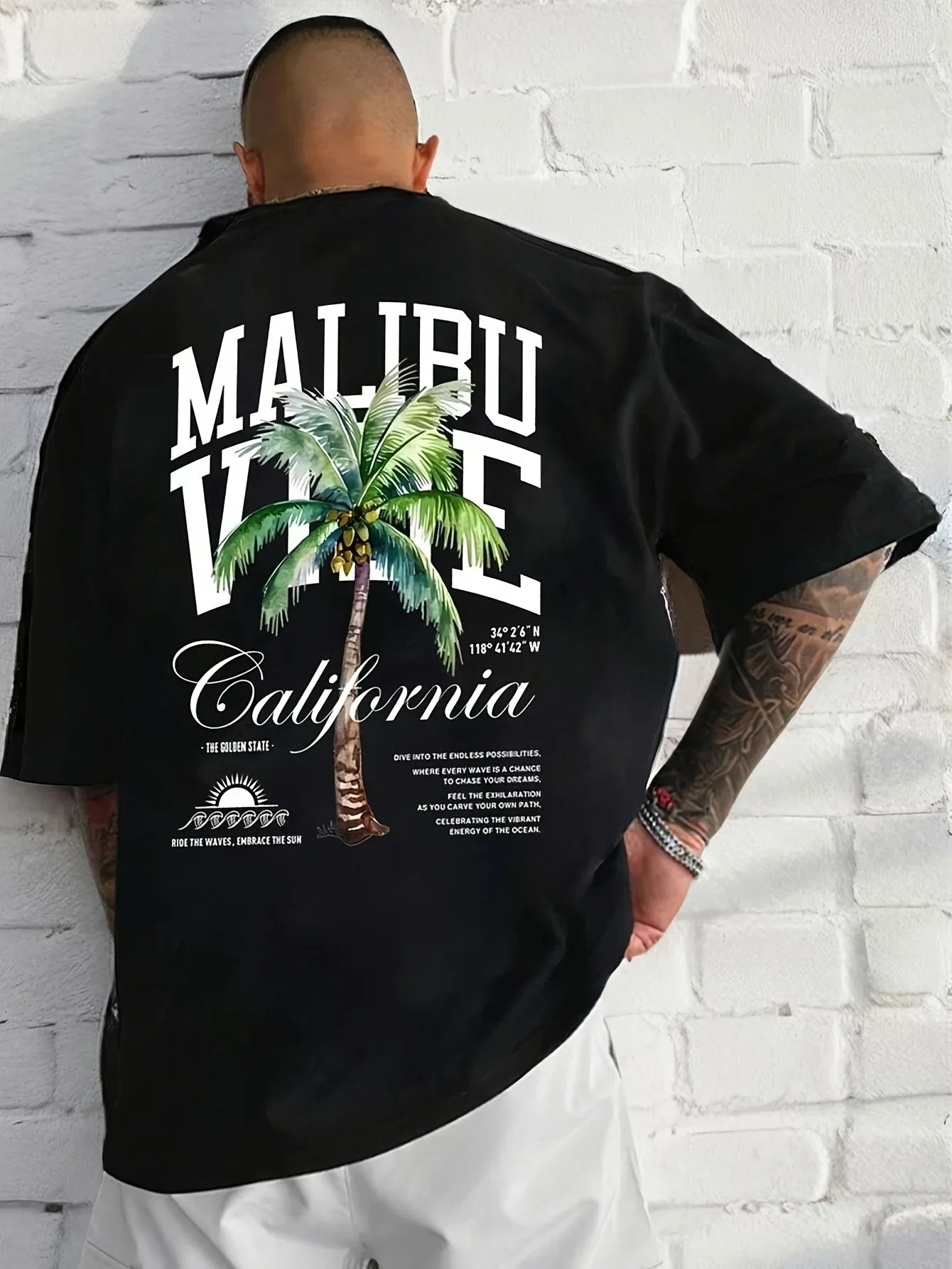 Unique Malibu California Palm Tree Vibe Print on Breathable Comfortable 100% Cotton Mens T shirt Great for Summer Hangouts