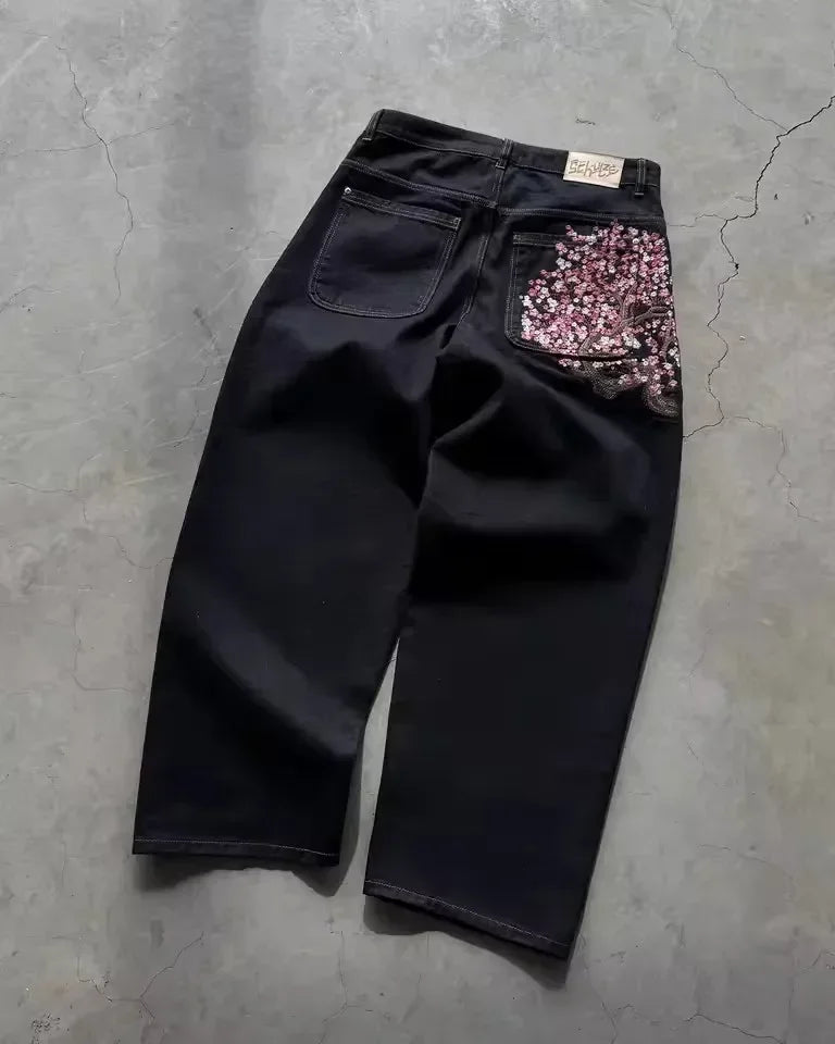 Vintage Low Waist Hip Hop Cherry Blossom Embroidered Jeans  Wide Leg Trousers Y2K Clothes Mens Womes Embroidered Baggy Jeans