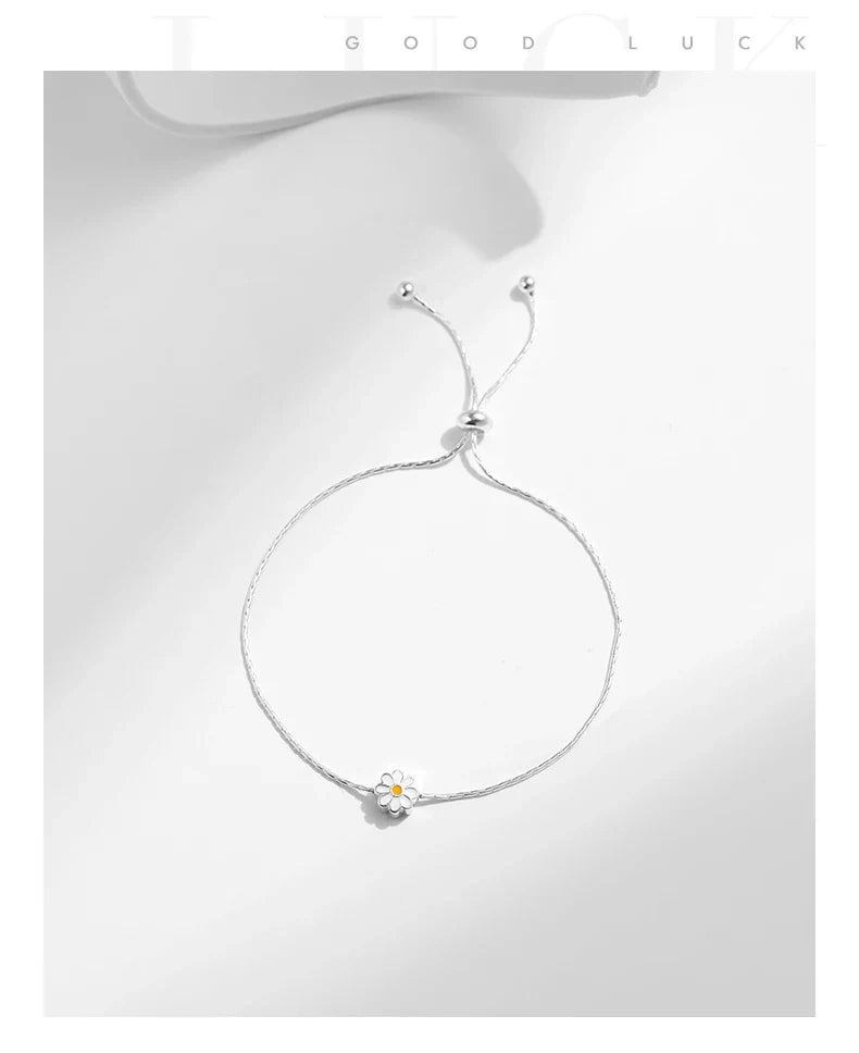 925 Sterling Silver Exquisite Enamel Daisy Flowers Bracelet Trendy Adjustable Snake Chain For Women Valentine’s Day Gifts