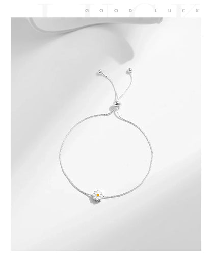 925 Sterling Silver Exquisite Enamel Daisy Flowers Bracelet Trendy Adjustable Snake Chain For Women Valentine’s Day Gifts