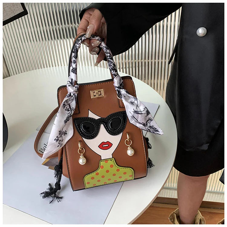 Cartoon Girl Handbag High Quality PU Leather Shoulder Bag for Women Pearl Crossbody Bag Designer Messenger Bag Female Satchel