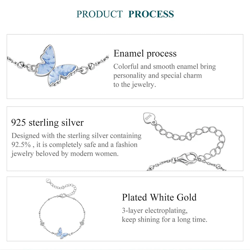 925 Sterling Silver Butterfly Charm Bracelet Lightweight CZ Beads Link Chain for Women Teens Gift Natural Wrist Decor