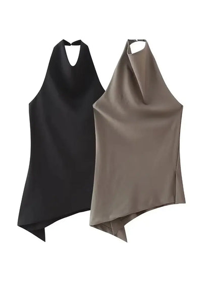 Womens Satin Halter Neck Top Asymmetrical Hem Sleeveless Blouse Elegant Party Club Summer Streetwear Crop Top