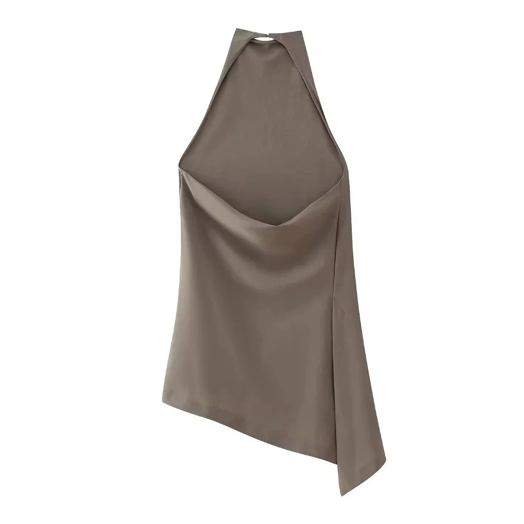 Womens Satin Halter Neck Top Asymmetrical Hem Sleeveless Blouse Elegant Party Club Summer Streetwear Crop Top
