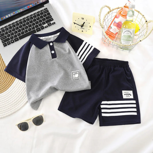 ‌Boys' 2026 New Summer Polo Shirt & Shorts 2-Piece Set Trendy Sporty Waffle Knit Outfit Cool Casual Toddler Kids Clothing