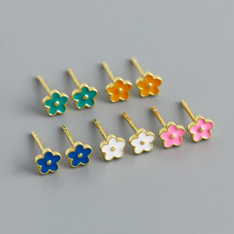925 Sterling Silver Romantic White Enamel Flower Screw Bead Stud Earrings for Women Fashion Simple Piercing Jewelry Gift