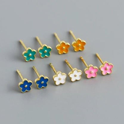 925 Sterling Silver Romantic White Enamel Flower Screw Bead Stud Earrings for Women Fashion Simple Piercing Jewelry Gift