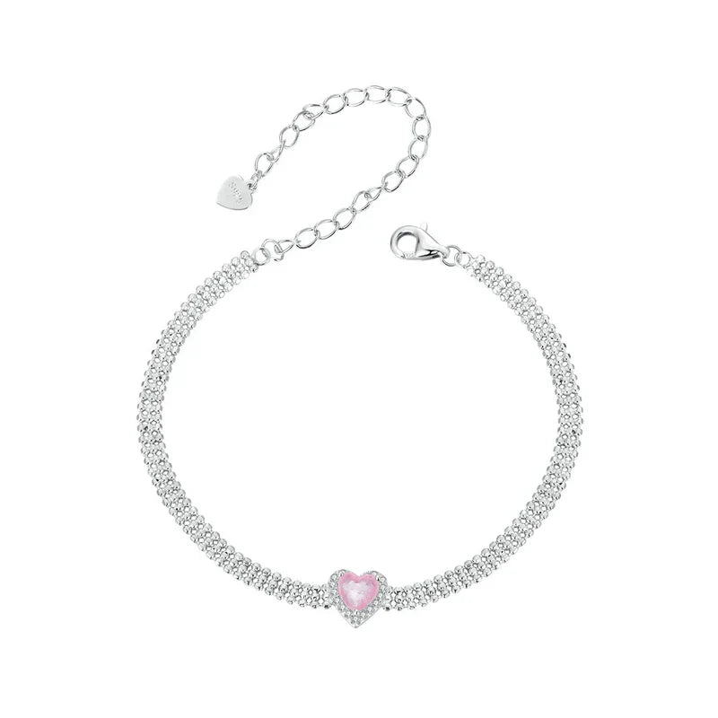 Love Heart Bracelets for Women Girls 925 Sterling Silver with CZ, White Gold Plated Charm Link Chain Bracelet Jewelry