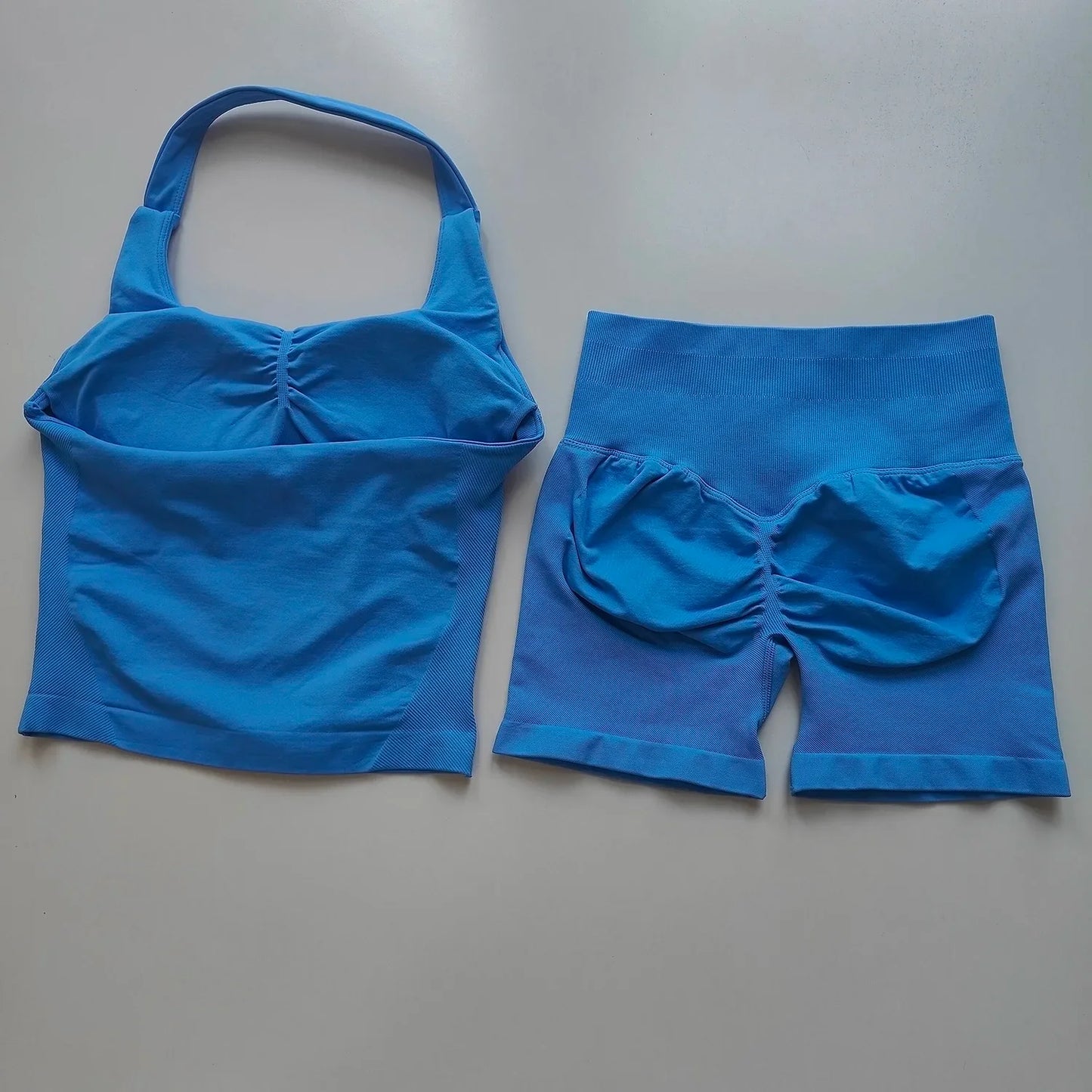 Sexy Halter Neck Beautiful Back High Waist Peach Sports Bras Shorts Suit Pilates Gathering Yoga Vest Training Fitness Bra Sets