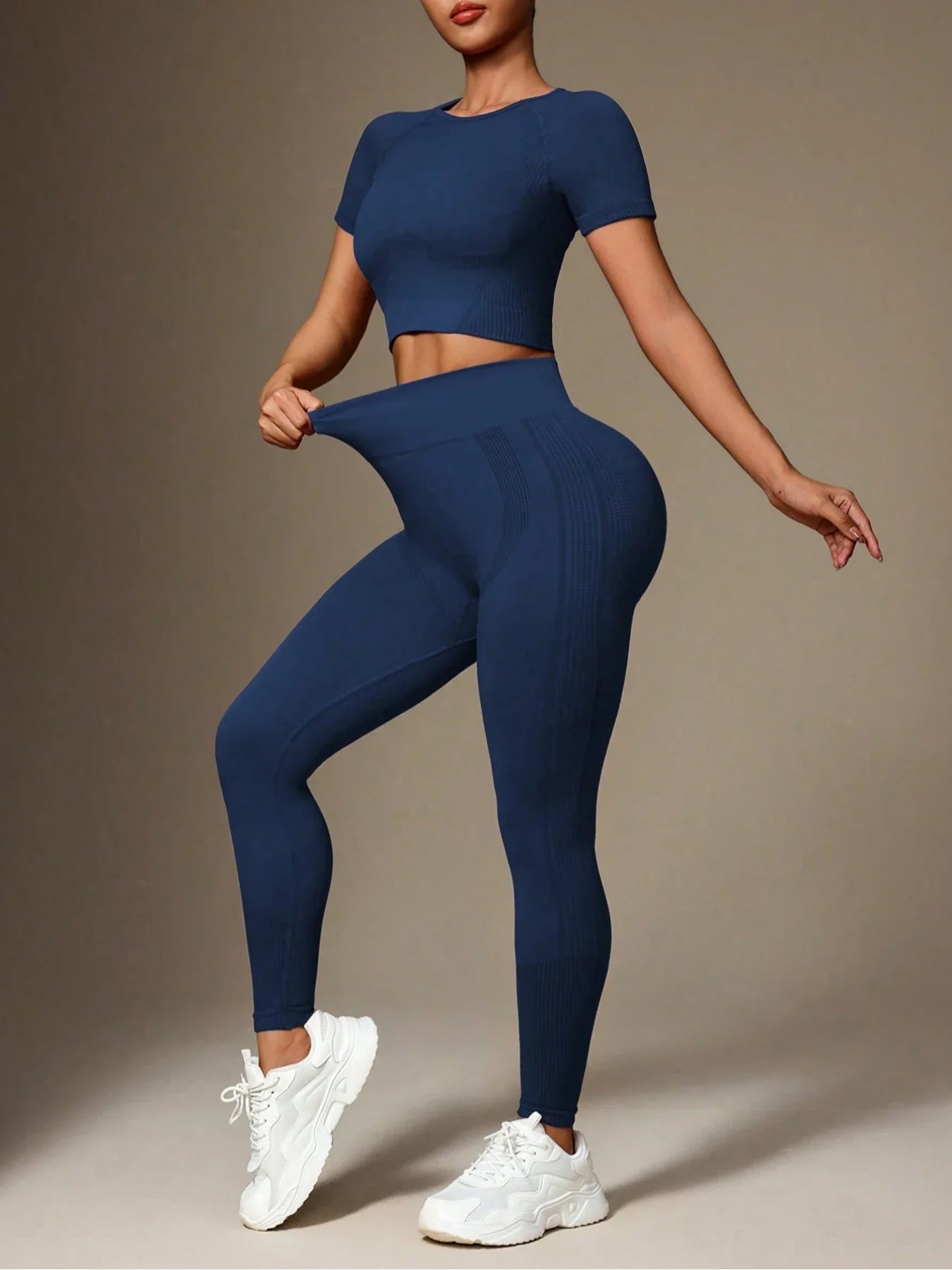 2Pcs Women's Sturdy Activewear Set, Breathable Waistless Short Sleeves and High Waist Pants, Yoga Gym Workout for Running,