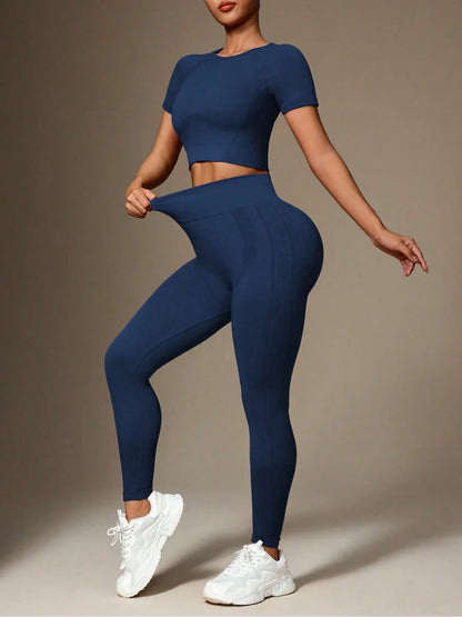 2Pcs Women's Sturdy Activewear Set, Breathable Waistless Short Sleeves and High Waist Pants, Yoga Gym Workout for Running,
