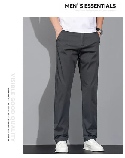 New Men's Business Cotton Thin Straight Pants Casual Elastic Slim Comfortable Male Brand Trousers Black Gray Khaki Royal Blue